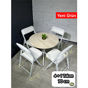 Pars 4 Kişilik Yuvarlak Mutfak Yemek Masası Takımı 4+1 Traverten Beyaz Deri 70 Cm