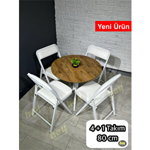 Aras 4 Kişilik Yuvarlak Mutfak Yemek Masası Takımı 4+1 Ceviz Beyaz Deri 80 Cm