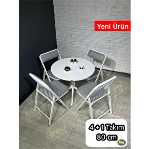 Aras 4 Kişilik Yuvarlak Mutfak Yemek Masası Takımı 4+1 Beyaz Kazayağı Kumaş 80 Cm