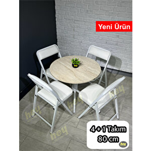 Aras 4 Kişilik Yuvarlak Mutfak Yemek Masası Takımı 4+1 Traverten Beyaz Deri 80 Cm