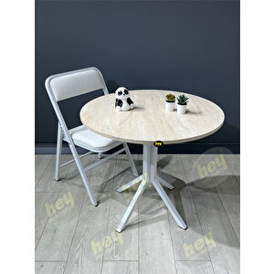 Aras 4 Kişilik Yuvarlak Mutfak Yemek Masası Takımı 4+1 Traverten Beyaz Deri 80 Cm