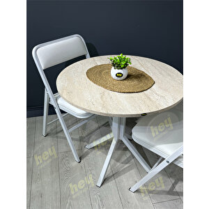 Aras 4 Kişilik Yuvarlak Mutfak Yemek Masası Takımı 4+1 Traverten Beyaz Deri 80 Cm