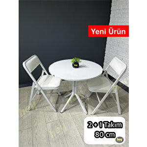 Aras 2 Kişilik Yuvarlak Mutfak Yemek Masası Takımı 2+1 Beyaz Deri 80 Cm