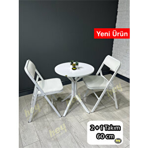 Mercan 2 Kişilik Yuvarlak Mutfak Yemek Masası Takımı 2+1 Beyaz Deri 60 Cm