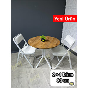 Aras 2 Kişilik Yuvarlak Mutfak Yemek Masası Takımı 2+1 Ceviz Beyaz Deri 80 Cm
