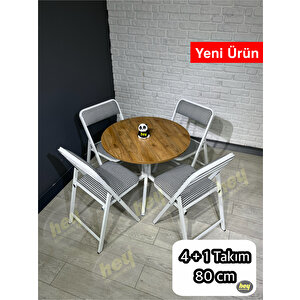 Aras 4 Kişilik Yuvarlak Mutfak Yemek Masası Takımı 4+1 Ceviz Kazayağı Kumaş 80 Cm