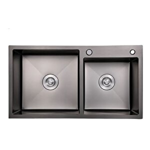 Multitop Çift Göz Paslanmaz Çelik Mutfak Eviyesi Antrasit (siyah) Renk 76x45cm -2 Göz Evye Düz