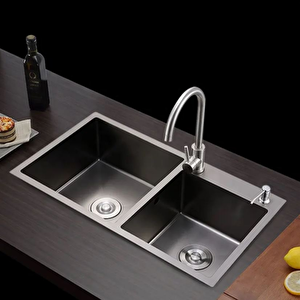 Multitop Çift Göz Paslanmaz Çelik Mutfak Eviyesi Antrasit (siyah) Renk 76x45cm -2 Göz Evye Düz