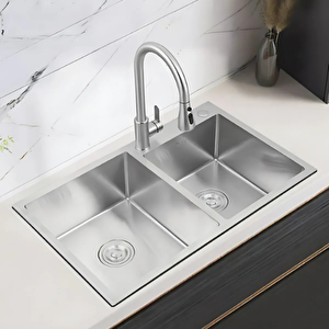 Multitop Çift Göz Paslanmaz Çelik Mutfak Eviyesi Inoks Renk 76x45cm -2 Göz Evye Düz