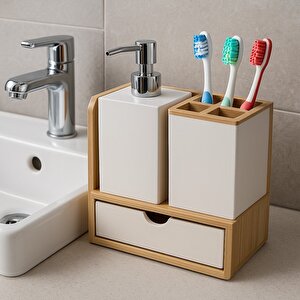 Bambu Tabanlı Plastik Banyo Seti – Sıvı Sabunluk, Diş Fırçalık Ve Çekmeceli Organizer Ur-3523