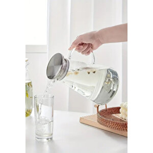 Isıya Dayanıklı Borosilikat Cam Sürahi 1800ml Metal Süzgeçli Kapaklı, Şeffaf, Hafif Ve Dayanıklı
