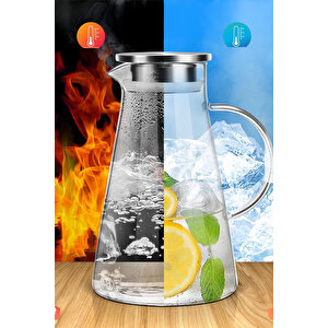 Isıya Dayanıklı Borosilikat Cam Sürahi 1800ml Metal Süzgeçli Kapaklı, Şeffaf, Hafif Ve Dayanıklı