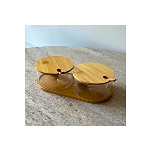 Bambu Kapak Ve Standlı Cam Baharatlık Takımı 2'li Şık Ve Dekoratif Baharat Seti (280 Ml X 2)