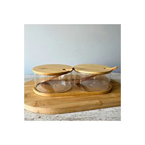 Bambu Kapak Ve Standlı Cam Baharatlık Takımı 2'li Şık Ve Dekoratif Baharat Seti (280 Ml X 2)