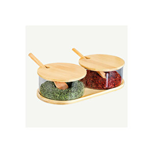 Bambu Kapak Ve Standlı Cam Baharatlık Takımı 2'li Şık Ve Dekoratif Baharat Seti (280 Ml X 2)