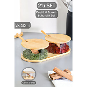 2'li Bambu Kapaklı Cam Baharatlık Seti - Bambu Kaşıklı Standlı Tuzluk Biberlik Baharat Takımı 280 Ml