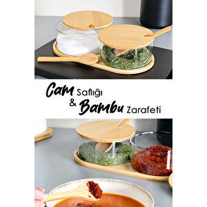 2'li Bambu Kapaklı Cam Baharatlık Seti - Bambu Kaşıklı Standlı Tuzluk Biberlik Baharat Takımı 280 Ml