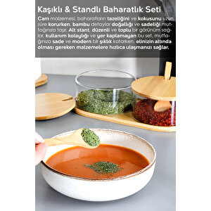 2'li Bambu Kapaklı Cam Baharatlık Seti - Bambu Kaşıklı Standlı Tuzluk Biberlik Baharat Takımı 280 Ml