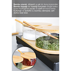2'li Bambu Kapaklı Cam Baharatlık Seti - Bambu Kaşıklı Standlı Tuzluk Biberlik Baharat Takımı 280 Ml