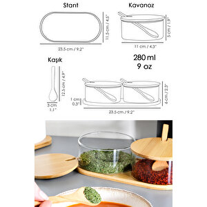 2'li Bambu Kapaklı Cam Baharatlık Seti - Bambu Kaşıklı Standlı Tuzluk Biberlik Baharat Takımı 280 Ml