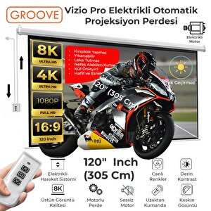 Groove Vizio Pro 120¨ Inch Blackout Işık Geçirmez Elektrikli Otomatik Kumandalı Projeksiyon Perdesi 265x150cm +motorlu+canlı Renkl
