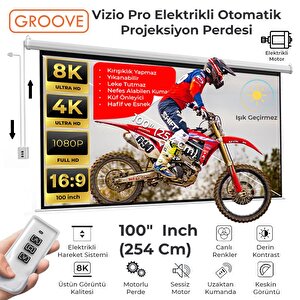 Groove Vizio Pro 100¨ Inch Blackout Işık Geçirmez Elektrikli Otomatik Kumandalı Projeksiyon Perdesi 220x125cm +motorlu+canlı Renkl