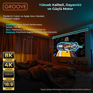 Groove Vizio Pro 100¨ Inch Blackout Işık Geçirmez Elektrikli Otomatik Kumandalı Projeksiyon Perdesi 220x125cm +motorlu+canlı Renkl