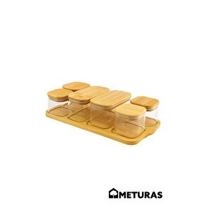 Bambu Kapaklı Tepsili 6 Parça Cam Saklama Kabı Seti Kahvaltılık 4x240 - 2x480 Ml Dikdörtgen