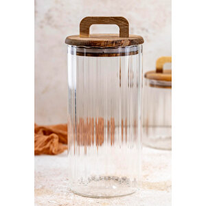 1250 Ml Cam Saklama Kabı – Akasya Kapaklı Kulplu, Çizgili Tasarım, Sızdırmaz Silikonlu