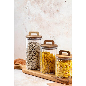 1250 Ml Cam Saklama Kabı – Akasya Kapaklı Kulplu, Çizgili Tasarım, Sızdırmaz Silikonlu