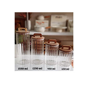 1250 Ml Cam Saklama Kabı – Akasya Kapaklı Kulplu, Çizgili Tasarım, Sızdırmaz Silikonlu