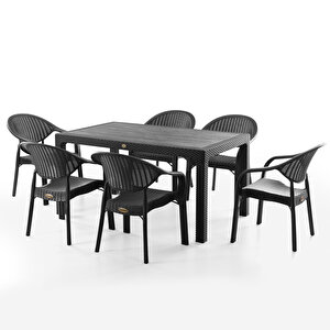 Bamboo 6 Kişilik Rattan Masa Sandalye Takımı Siyah