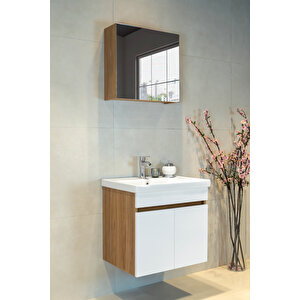 Star Banyo Dolabı Seti ( 60 Cm Egzotik Meşe & Parlak Beyaz Aynalı Lavabolu Mdf ) Beyaz - Meşe