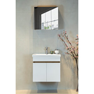 Star Banyo Dolabı Seti ( 60 Cm Egzotik Meşe & Parlak Beyaz Aynalı Lavabolu Mdf ) Beyaz - Meşe