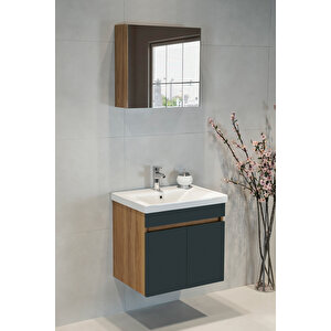 Star Banyo Dolabı Seti ( 60 Cm Egzotik Meşe & Koyu Gri Aynalı Lavabolu Mdf ) Gri Meşe