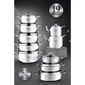Mango Kitchen - 19 Parça Çelik Çeyiz Seti Çelik Çaydanlık Çelik Tencere Seti Çelik Sahan Seti