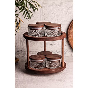 Tomby Milla - 7 Parça Ahşap Döner Standlı Vakumlu Kapaklı Cam Saklama Kabı Baharatlık Seti 235 Ml