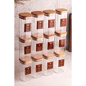 Boxy - 12'li Ahşap Vakumlu Kapaklı Etiketli Baharatlık Takımı 350 Ml - Erzak Saklama Kabı Seti