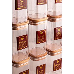 Boxy - 12'li Ahşap Vakumlu Kapaklı Etiketli Baharatlık Takımı 350 Ml - Erzak Saklama Kabı Seti