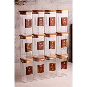 Boxy - 12'li Ahşap Vakumlu Kapaklı Etiketli Baharatlık Takımı 350 Ml - Erzak Saklama Kabı Seti