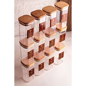 Boxy - 12'li Ahşap Vakumlu Kapaklı Etiketli Baharatlık Takımı 350 Ml - Erzak Saklama Kabı Seti