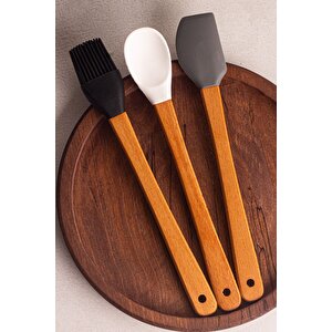 Daily - 3'lü Bambu Saplı Silikon Spatula Seti 21 Cm Mutfak Seti Kaşık Spatula Seti