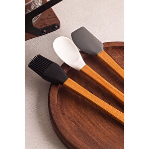 Daily - 3'lü Bambu Saplı Silikon Spatula Seti 21 Cm Mutfak Seti Kaşık Spatula Seti