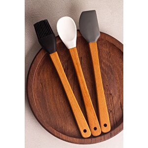 Daily - 3'lü Bambu Saplı Silikon Spatula Seti 21 Cm Mutfak Seti Kaşık Spatula Seti