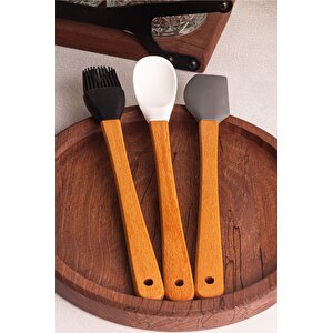 Daily - 3'lü Bambu Saplı Silikon Spatula Seti 21 Cm Mutfak Seti Kaşık Spatula Seti