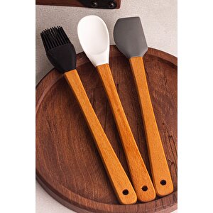 Daily - 3'lü Bambu Saplı Silikon Spatula Seti 21 Cm Mutfak Seti Kaşık Spatula Seti