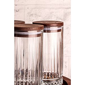 Tomira - 7 Parça Ahşap Döner Standlı Vakumlu Kapaklı Cam Saklama Kabı Baharatlık Seti 450 Ml
