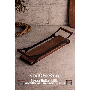 Grade - Ahşap Tepsi Metal Detay Tepsi 4 Yuvarlak Kare Elysia Timeless Uyumlu Çay Kahve Sunum Tepsisi