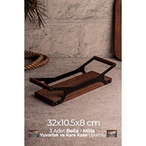 Grade - Ahşap Tepsi Metal Detay Tepsi 3 Yuvarlak Kare Elysia Timeless Uyumlu Çay Kahve Sunum Tepsisi