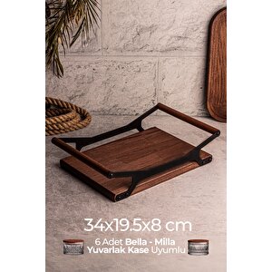 Grade - Ahşap Tepsi Metal Detaylı Tepsi 6 Yuvarlak Elysia Timeless Uyumlu Çay Kahve Sunum Tepsisi